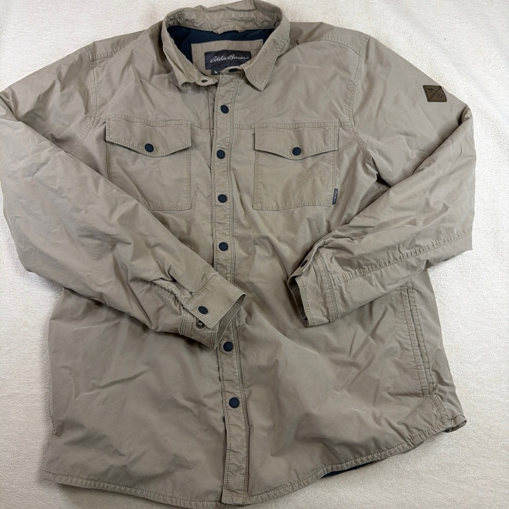 Eddie Bauer Mens TXL Tall Fleece Lined Shirt Jacket Tan Snap Front